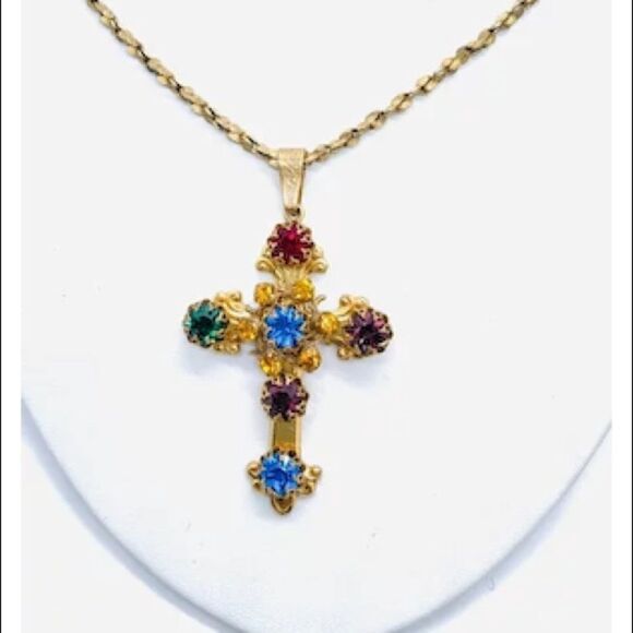 Miriam Haskell Jeweled Cross Pendant & Necklace Very Rare Vintage In Euc - Picture 2 of 8